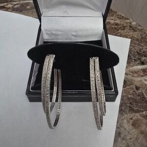 Elegant Silver Double Hoop Diamond Earrings